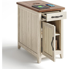 LINSY HOME Side Table Set of 2 with Charging Station, Modern Farmhouse Sofa Couch Side Table, Wooden Bedside Table for Living Room, Bedroom, Narrow Bedside Table with Storage Space for Small Space
