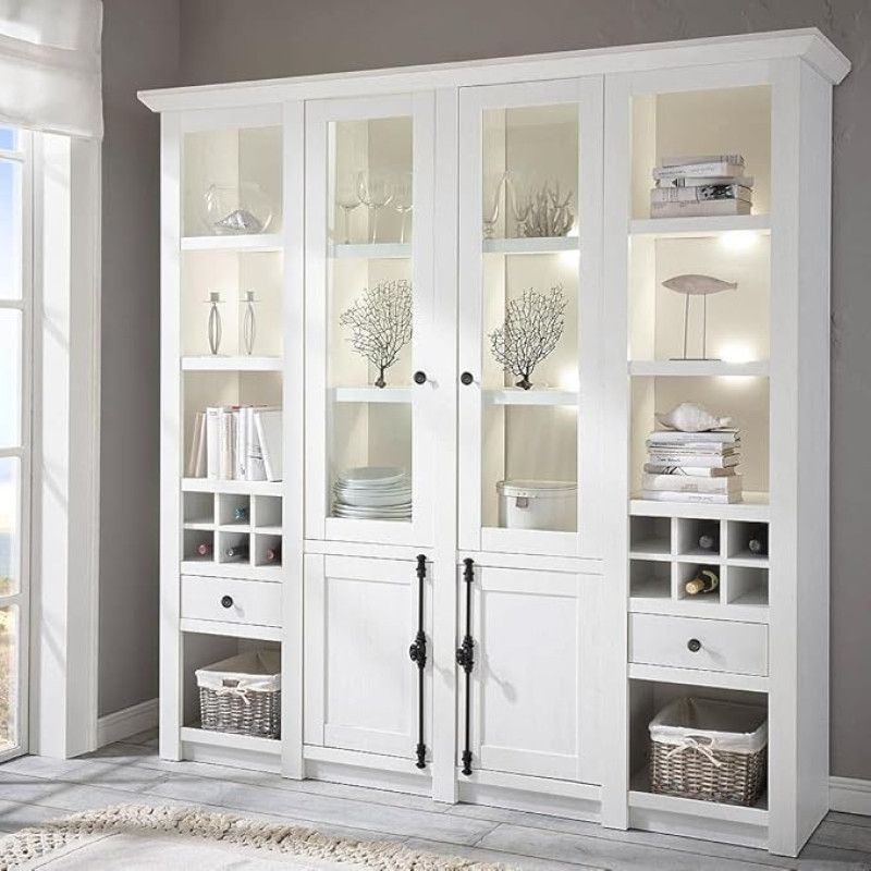 Lomadox Buffet Cabinet Display Cabinet Standing Display Cabinet Country House Pini White with Lighting and Wicker Baskets W x H x D Approx. 194 x 207 x 45 cm