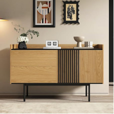 Minimalist Vintage Sideboard with 2 Drawers and Adjustable Shelf, Ideal for Living Room and Dining Room, 130 x 40 x 80.5 cm (Natural Wood + Black)