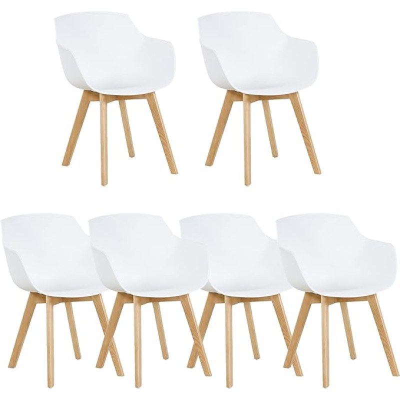 DORAFAIR Set of 6 Living Room Chairs, Dining Room Chairs, Scandinavian Modern Design Chairs, Kitchen Chairs, Armrest with Solid Beech Wood Leg, White