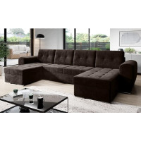 MODERNO Bari Living Room Landscape Sofa with Sleep Function Couch U-Shape Sofa Bed with Bed Box Corner Sofa Bed Modern Living Room Furniture Corner Couch Velour Fabric Quilted Sofa Brown
