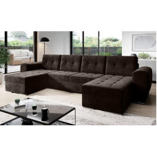 MODERNO Bari Living Room Landscape Sofa with Sleep Function Couch U-Shape Sofa Bed with Bed Box Corner Sofa Bed Modern Living Room Furniture Corner Couch Velour Fabric Quilted Sofa Brown