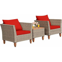 Rattan-Bistromöbel-Set, 3-teilig, Holz-Tischplatte, Kissen, Sofa, Marineblau/Rot/Schwarz/Türkis (Farbe: E) (C)