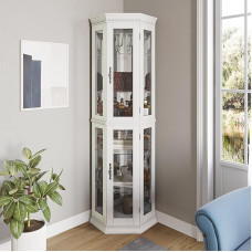 BELLEZE Illuminated 3 Sided Glass Display Cabinet with Tempered Glass Doors and Shelves, Accent Wooden Corner Cabinet with Bulb, Corner Storage, Decoration Shelf for Living Room & Bedroom