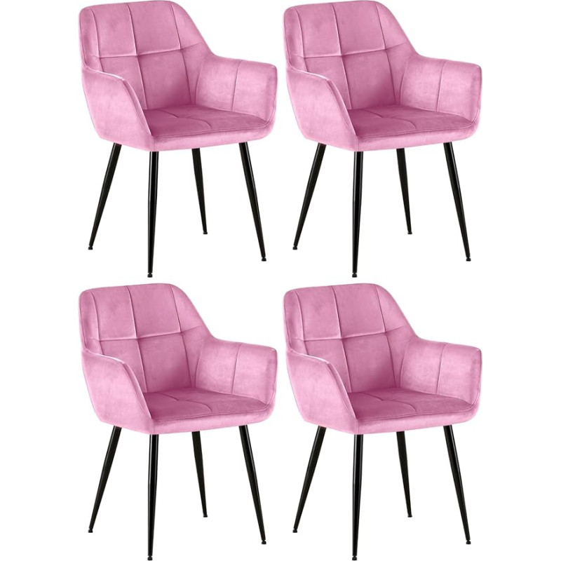 CLP Set of 4 Emia Dining Room Chairs with Velvet Cover, Upholstered Chair with Metal Frame, Kitchen Chairs with Floor Protectors, Colour: Pink, Material: Velvet