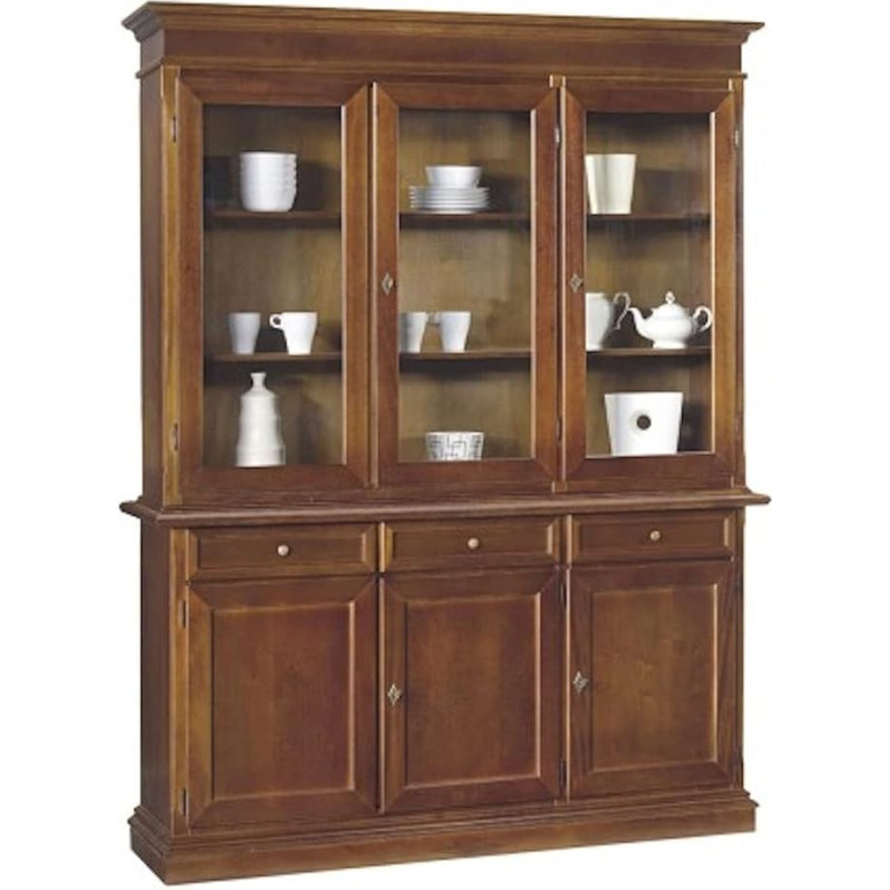 Mar.c.a. Design - Elegant living room display case made of poplar wood, crystal glass in dark walnut with 3 doors - Povera furniture for living room made in Italy - dimensions: 156 x 42 x 205 cm