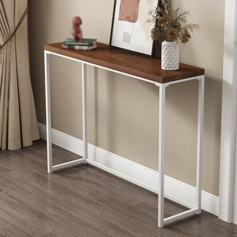 Console Table, Wooden Sofa Table, Entrance Table with Metal Frame, Narrow Hallway Table, Behind Couch, Modern Accent Table, Long Foyer Table (White, 100cm)