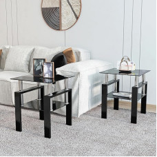 Glass Side Table 2-Tier Modern Glass Top Corner Table Living Room Side Table with Metal Legs for Living Room, Dining Room, Bedroom (Black, Pack of 2)