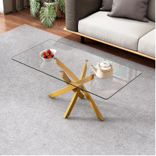 GOLDFAN Coffee Table, Glass Living Room Table, Glass Table, Living Room Tables, Coffee Table, Industrial Style Sofa Table for Living Room, Bedroom, Office, 100 x 50 cm, Gold