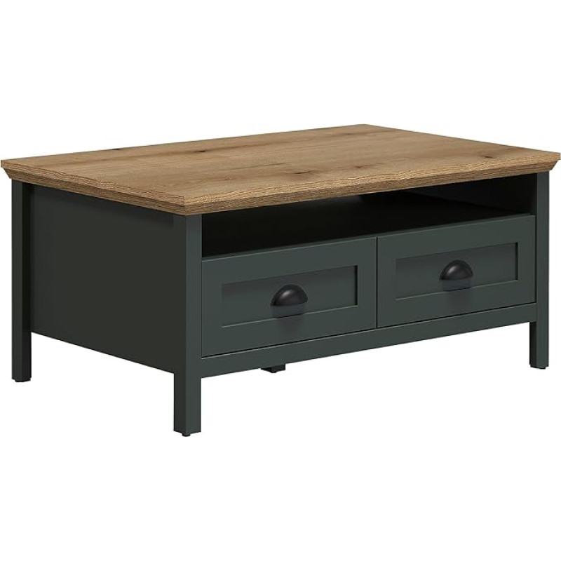trendteam smart living - Stanton - Coffee Table - Fir Green / Evoke Oak - Sofa Table with Additional Shelf and 2 Drawers - (W x H x D) 101 x 45 x 60 cm - Country House Style