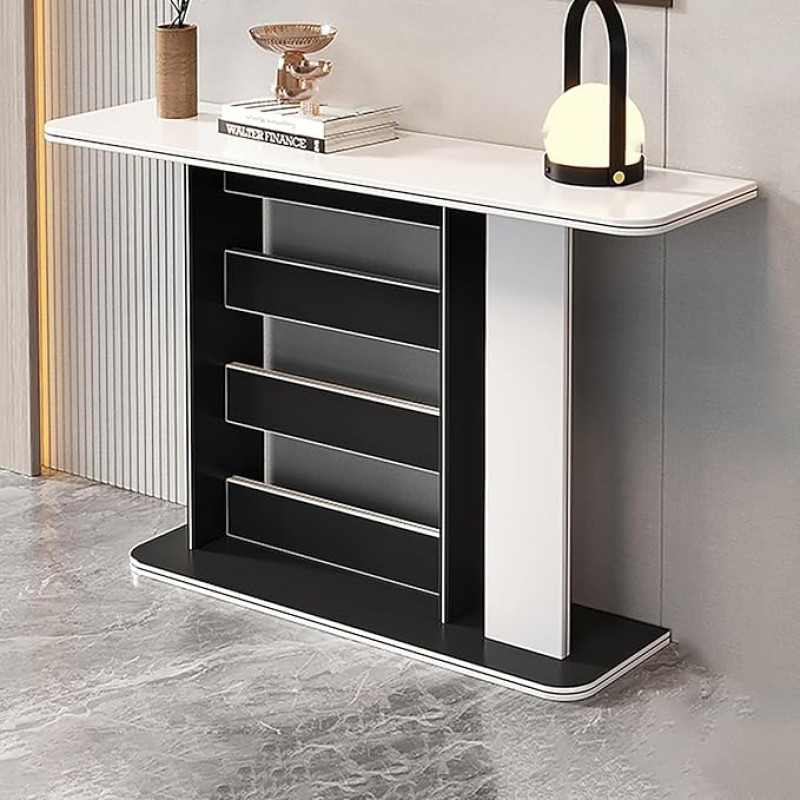 Schmaler Konsolentisch für Eingangsbereich und Wohnzimmer, Holz-Akzenttisch mit Ablagen, stilvoller Sofatisch hinter der Couch, 99,8 cm, weiße Flurmöbel