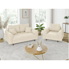S-Style Möbel Set of 2 Seater Sofa Armchairs Couch 2 Pieces Wooden Feet Brown Freestanding Chenille Fabric Bjorn Beige