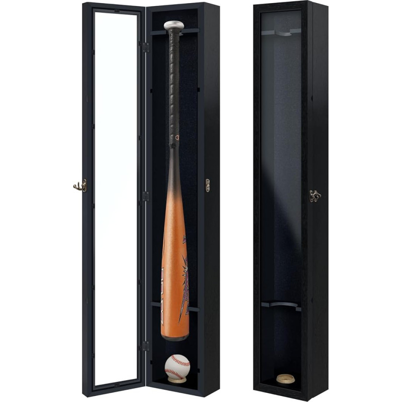 ILOT Baseballschläger-Vitrine, Massivholzrahmen, Ballhalter, Ständer, Vitrine, Vitrine mit UV-geschütztem Acryl, Wandmontage, Schattenbox, vertikal