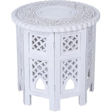 Woodify Handgeschnitzter achteckiger Beistelltisch aus Holz, 45,7 x 45,7 cm, Mangoholz, weißes Antik-Finish, dekorativer Akzenttisch für Wohnzimmer und Schlafzimmer