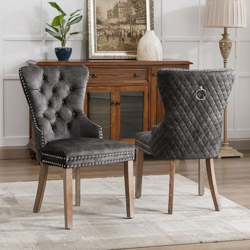 Dining Room Chair (Kitchen Chair Living Room Chair with Unique Door Knocker on the Back), Upholstered Chair with Nail Head Trim, Solid Wood Legs, Velvet Cover, Grey (2)