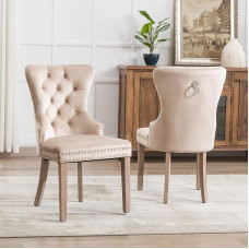 Dining Room Chair (Kitchen Chair Living Room Chair with Unique Door Knocker on the Back), Upholstered Chair with Nail Head Trim, Solid Wood Legs, Velvet Cover, Beige (2)