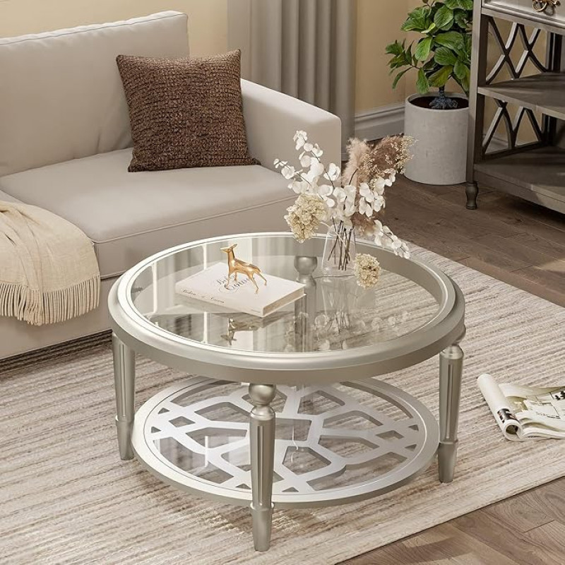COSIEST Round Coffee Table MDF Sofa Table with Storage Open Shelf Double Tempered Glass Living Room Table Side Table for Living Room Modern Design Home Furniture (Champagne)