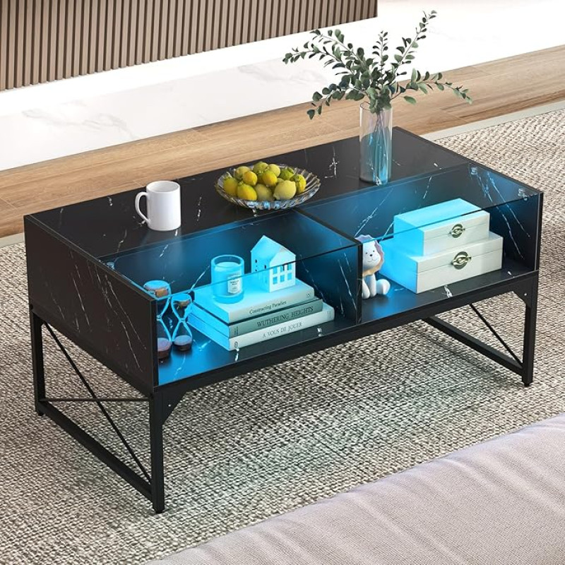 COSTWAY LED Coffee Table, Living Room Table, Marble Look, Coffee Table with Adjustable Light Colours and Brightness, Remote Control and 4 Shelves, Sofa Table for Living Room, 105 x 55 x 50 cm (Black)