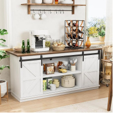 Shahoo Farm Sideboard Cabinet with Sliding Doors, Shelf for Dining Room, Wood, White, 27.5 Height