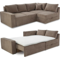 Corner Sofa Long-Lasting Sleeper B260/T181/H88 cm Spring Core Box Spring System Including Sleep Function Bed Box Cold Foam Topper, Ottoman Can Be Mounted Left or Right, Cord Cover in Brown Taupe