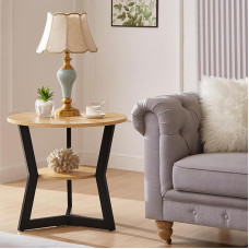 Gravilithic Side Table Round Wooden Side Table for Living Room with 2 Tier Table Top with Storage Shelf, Metal Leg Triangle Support Design, Home Furniture, 25 x 25 x 24 Inch