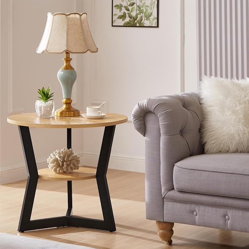 Gravilithic Side Table Round Wooden Side Table for Living Room with 2 Tier Table Top with Storage Shelf, Metal Leg Triangle Support Design, Home Furniture, 25 x 25 x 24 Inch