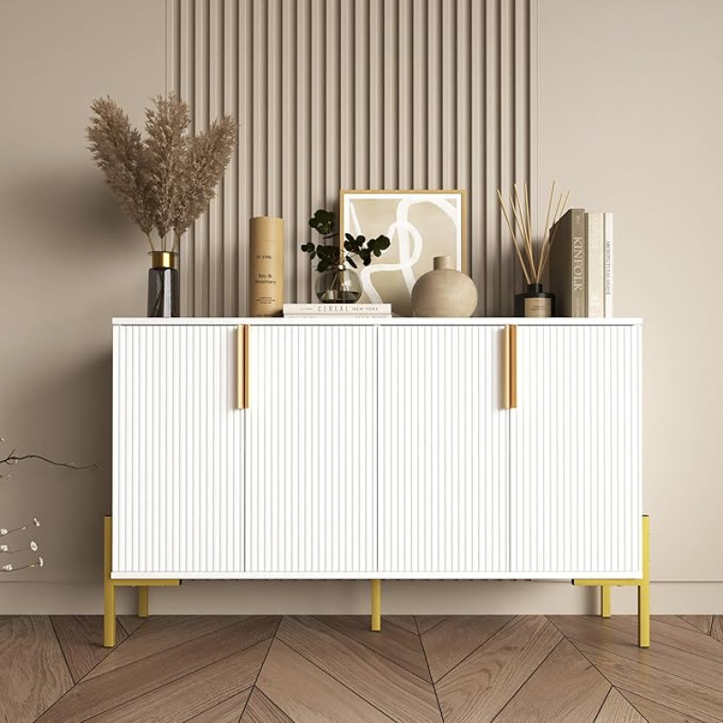 ALBSL Sideboard mit 4 Türen, Buffetschrank mit verstellbaren Regalen, moderner Akzentschrank mit goldenen Beinen, breiter Aufbewahrungsschrank für Küche, Wohnzimmer, Schlafzimmer, Weiß