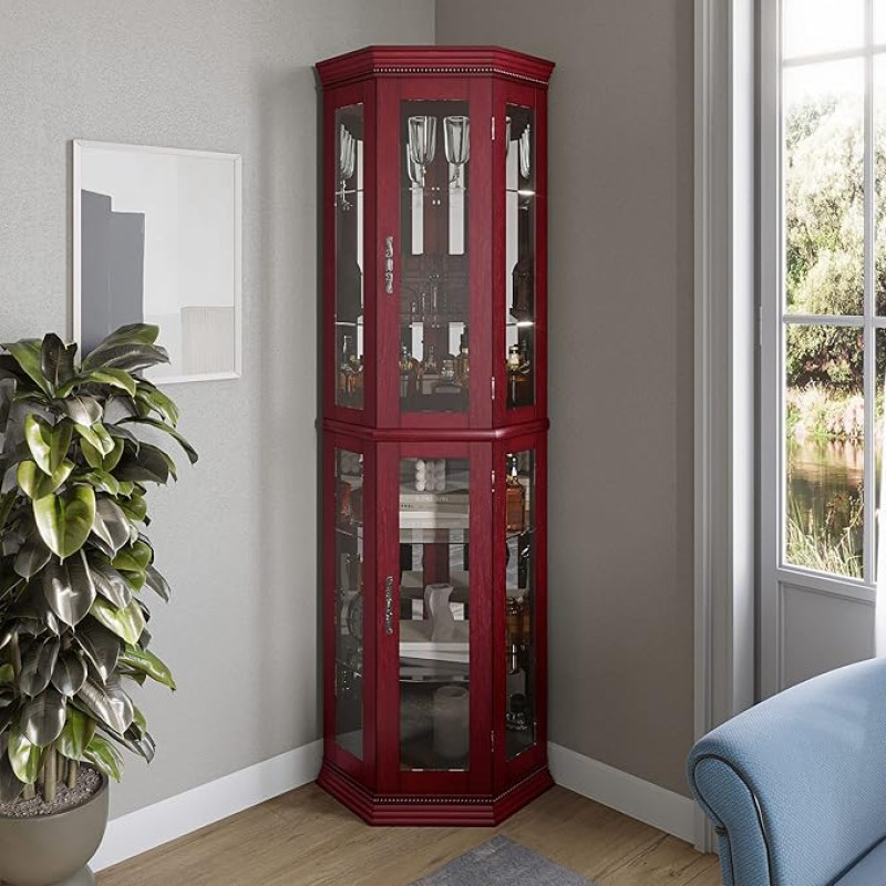 Belleze Curio Cabinet with Tempered Glass Lighting with Shelves, 2 Colours (Cherry and Walnut) Lorona Curio Cabinet Cherry