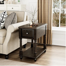 VERDANTREE Schmaler Beistelltisch mit Schublade und offenem Aufbewahrungsregal, Massivholz, Sofa-Beistelltisch für Wohnzimmer, Beistelltisch, Telefontisch für kleine Räume, Montage ohne Werkzeug