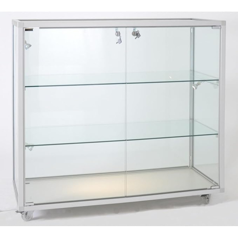 MHN Half-Height Glass Display Cabinet with Wheels D 41.5 x W 98 x H 95 cm - Wide Counter Display Cabinet Glass Lockable - Flat Sales Display Case - Without Lighting