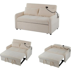 Sofa Bed 3-in-1, Extendable Sofa Chair, Folding Couch with Bed Box and Sleep Function, Sofa 2 Seater with Mobile Phone Stand, Side Pockets and 2 Cushions, USB Charging Port, Adjustable Backrest