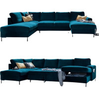 MIUFORM Corner Sofa U-Shape with Sleep Function and Bed Box, Lofty Lilly, Living Load, Couch, Sofa Bed, Living Room, Guest Room, Velvet Metal Feet (Petrol Green, Left Aligned)