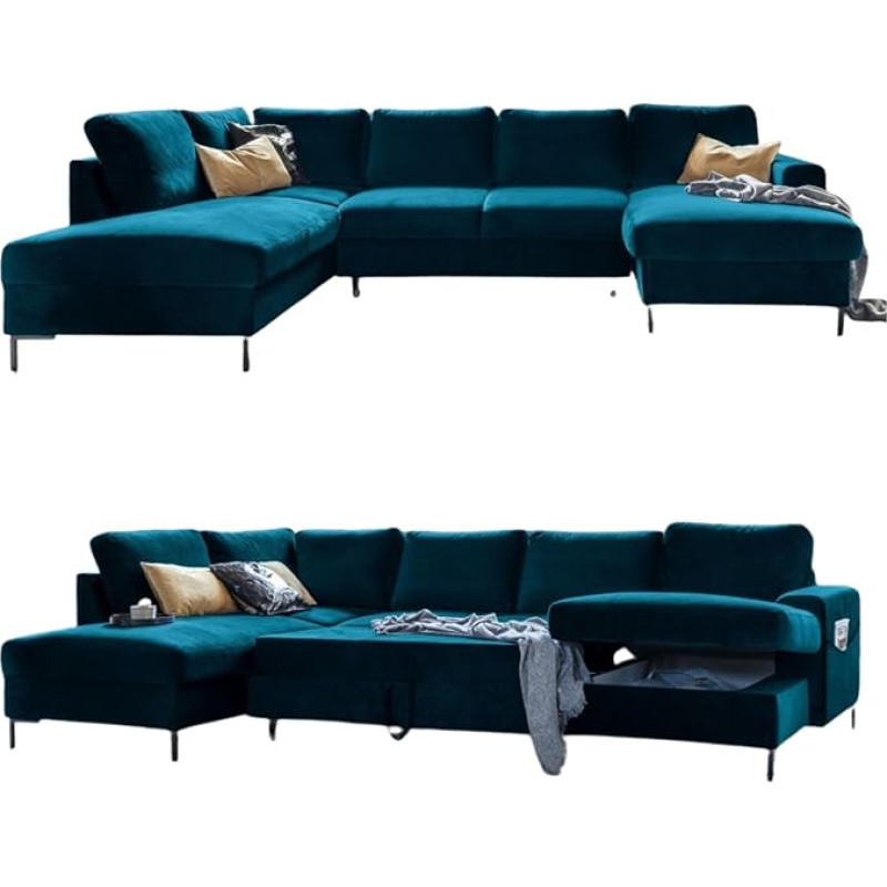 MIUFORM Corner Sofa U-Shape with Sleep Function and Bed Box, Lofty Lilly, Living Load, Couch, Sofa Bed, Living Room, Guest Room, Velvet Metal Feet (Petrol Green, Left Aligned)