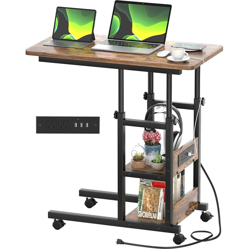 Adjustable C Shape Side Table with Charging Station, Mobile Laptop Side Table with USB Port and Wheels, Coffee Table with 2-Tier Shelf for Living Room