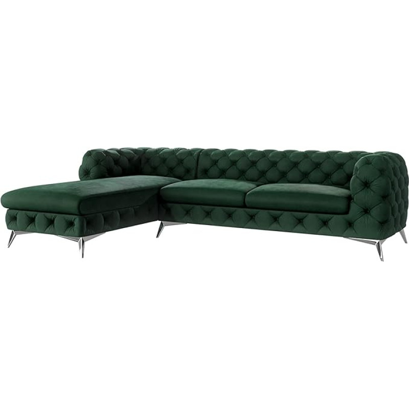S-Style Möbel Maria Corner Sofa 5-Seater Chesterfield Corner Sofa for Living Room Lounge Couch with Chrome-Plated Feet Furniture Freestanding Cushion Sofas Couches Left Bottle Green 305 x 200 x 73 cm
