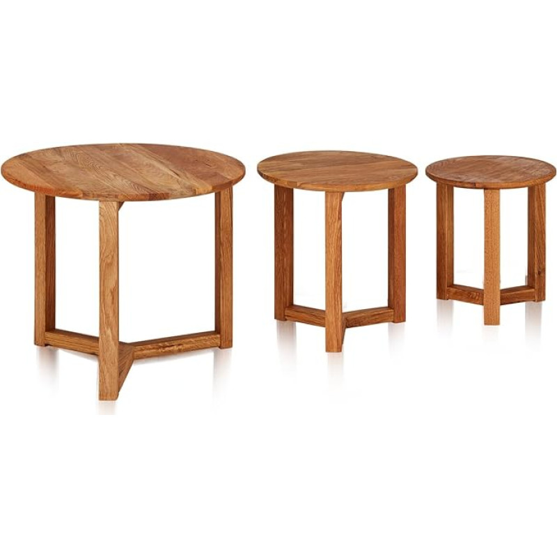 KHG Coffee Table Set of 3 Oiled Solid Wood Oak Round Table Top Natural Brown Skid Frame Classic Sofa Table Set Load 50 kg