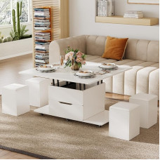Homary Coffee Table Height Adjustable, Living Room Table with Drawer, 3-in-1 Multifunctional Coffee Table, Convertible into Living Room Dining Table, Work Table with 4 Stools and Lockable Wheels