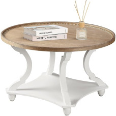 Wnutrees Farmhouse Round Coffee Table, Wooden Tray, Circle Coffee Table with Shelf, Rustic Style for Living Room and Vintage Finish, White