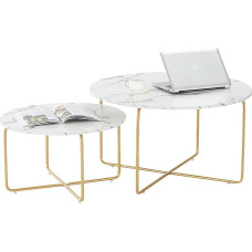 Marble Coffee Table Set of 2, Side Table Gold Coffee Tables Set, White Living Room Tables Round Sofa Tables, Side Tables, Easy to Assemble, 2 Pieces