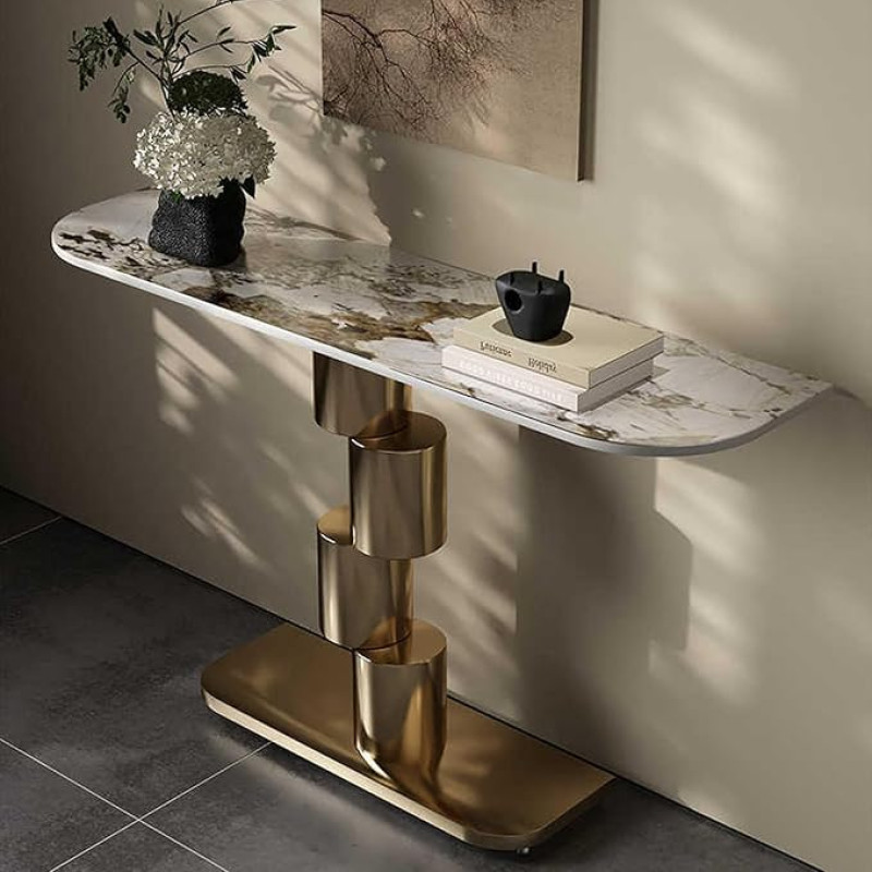 Moderner schmaler Konsolentisch für das Wohnzimmer – Eingangstisch mit geometrischem Metallrahmen, Sofa-Akzent-Flurtisch, 80 cm (31,5 Zoll) goldene Foyermöbel