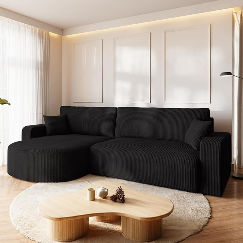 BROMARKT Ecksofa mit Schlaffunktion und Bettkasten Cordstoff Sofa Dreisitzer Schlafsofa Eckcouch Relaxsofa für Wohnzimmer Wohnlandschaft L-Form Bisk 275x170x85cm Schwarz