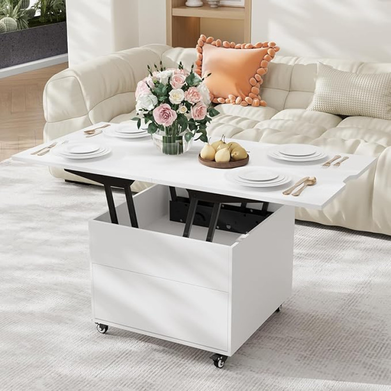 VOWNER Coffee Table Height Adjustable, 3-in-1 Multifunctional Coffee Table Convertible into Living Room Dining Table, Coffee Table with Hidden Storage Space, 120 L x 60 W x 68 H cm (White)