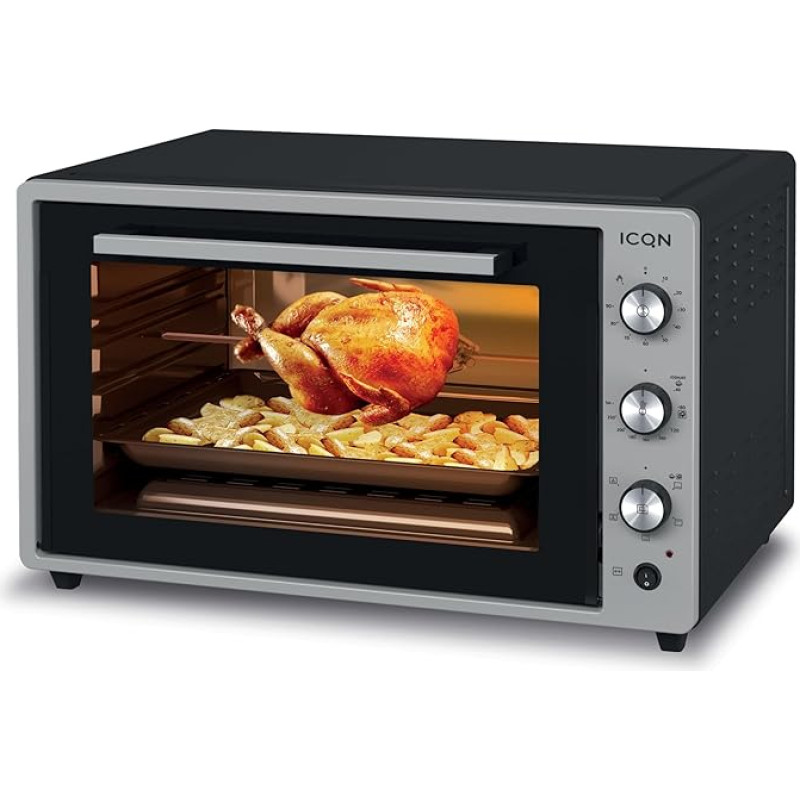 ICQN 70-Litre 1,800 W Mini Oven with Interior Lighting and Recirculation Pizza Oven Double Glazing Timer Function Enamelled