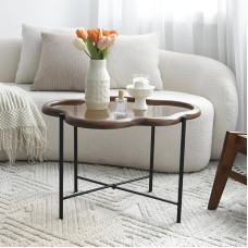 Zouron Coffee Table Wood Irregular Checked Living Room Table Wood Coffee Table Tempered Glass Vintage Dark Brown Table 1 Piece Metal Frame 66 x 51 x 45 cm