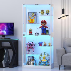 Lamtor Glass Display Cabinet Standing 175 cm with RGB LED Lighting - Height-Adjustable Display Cabinet with Safety Tempered Glass & Magnetic Closure | For Collections in the Living Room (White)