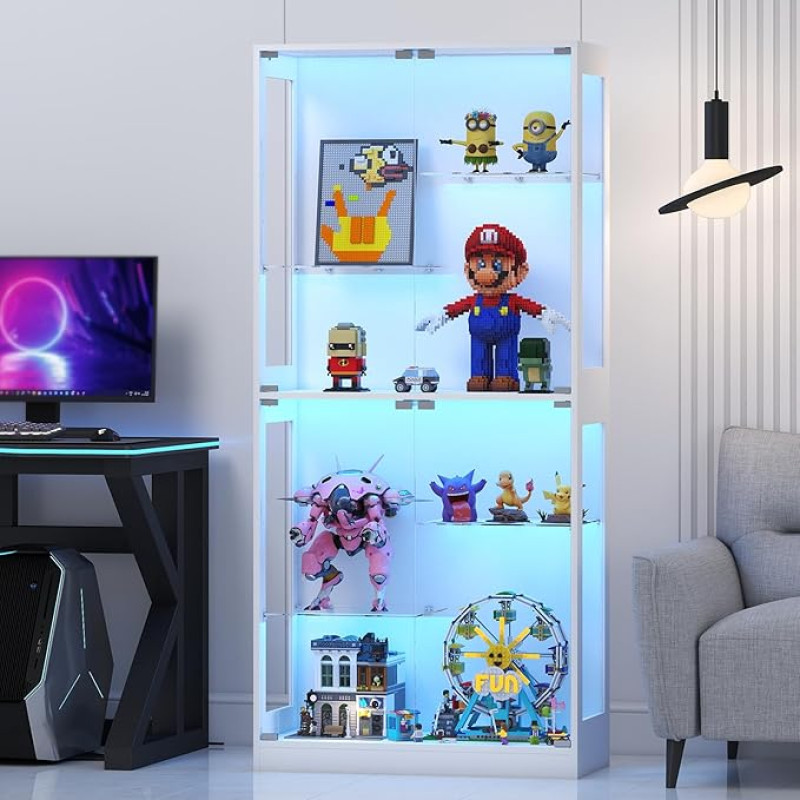 Lamtor Glass Display Cabinet Standing 175 cm with RGB LED Lighting - Height-Adjustable Display Cabinet with Safety Tempered Glass & Magnetic Closure | For Collections in the Living Room (White)