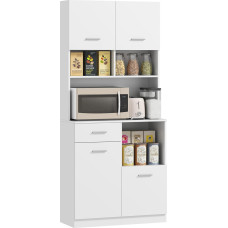 HOMCOM Tall Kitchen Sideboard with Drawer, 4 Cabinets and 3 Open Compartments, Storage Cabinet with Adjustable Wooden Shelf, for Living Room and Kitchen, 80 x 35 x 180 cm, White