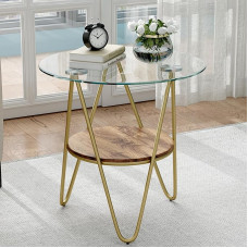 ASYA Glass Side Table for Living Room, 2-Tier Golden Side Table with Tempered Glass & Metal Frame, Roud Bedside Table for Bedroom