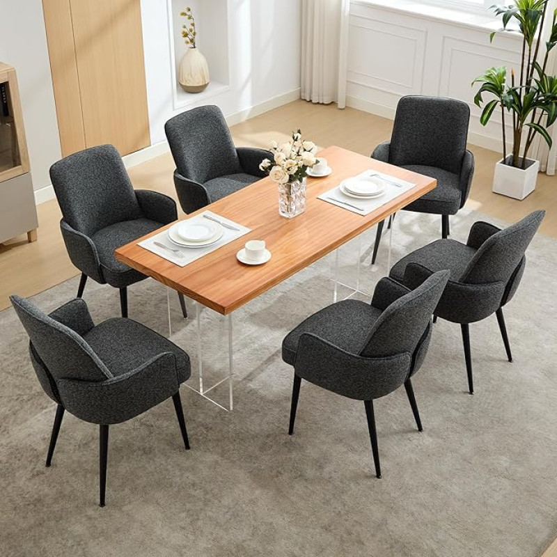 LONXIU Dining Room Chairs, Set of 6, Upholstered Chairs, Dining Room, Kitchen Chairs with Armrests, Living Room Chairs, Modern with Non-Slip Feet and Metal Legs (Dark Grey, Set of 6)
