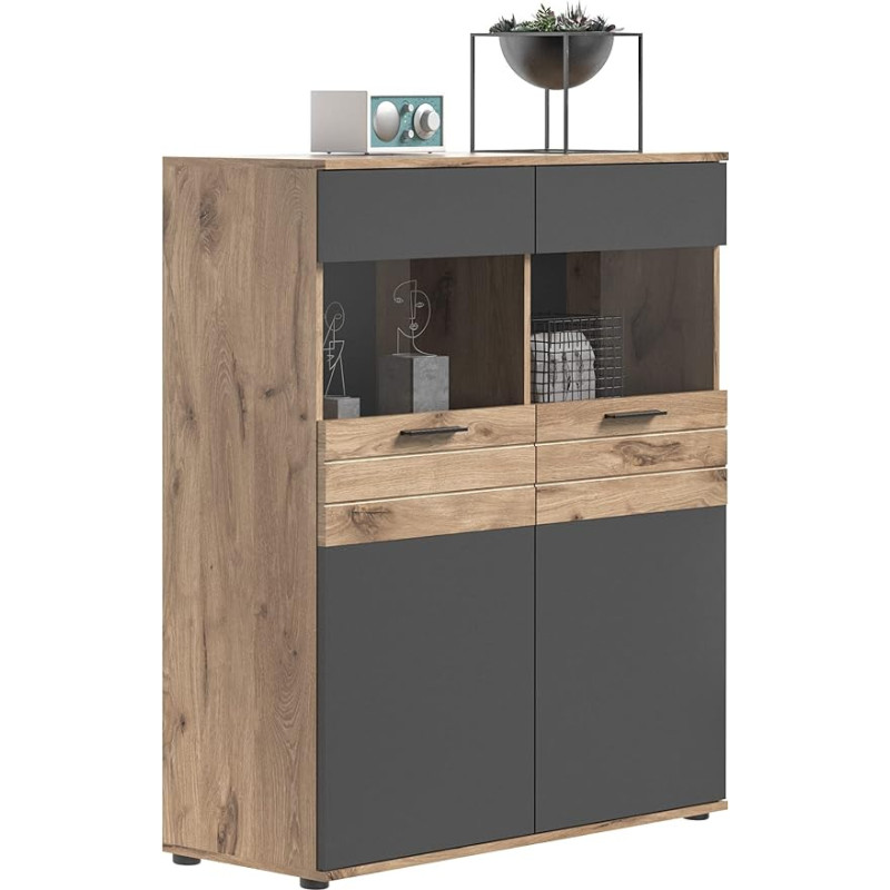 Newroom Stanley.Seven Oak Basalt Grey Display Cabinet Industrial Modern – 110 x 122 x 37 cm (W x H x D) – Glass Display Cabinet Standing Display Cabinet Glass Cabinet – [Stanley.Seven] Living Room